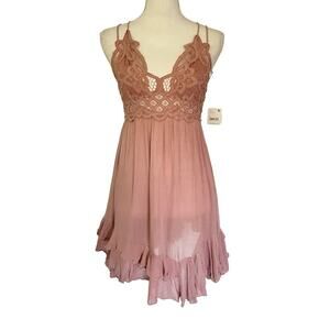Free People Adella Slip Crochet Lace Mini Dress Size S Rose‎ Pink Romantic NWT